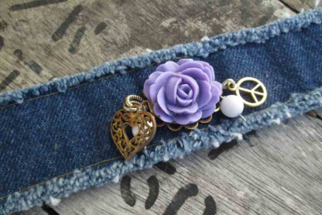 Peace Boho Denim Charm Bracelet Purple rose  Cuff