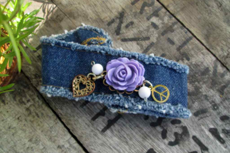 Peace Boho Denim Charm Bracelet Purple rose Cuff