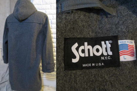 Schott Duffle Coat Melton wool  Gray coat Hemp and Wood toggles and buttons USA
