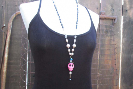 Pretty Pink Skull Mexican assemblage turquoise rose necklace