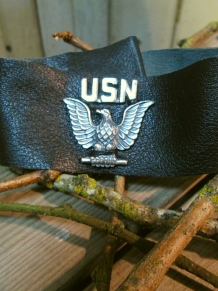 Military vintage Black Leather Cuff bracelet  handmade in USA jewelry