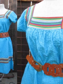 Vintage Mexican 70s Turquoise Tucked cotton Dress