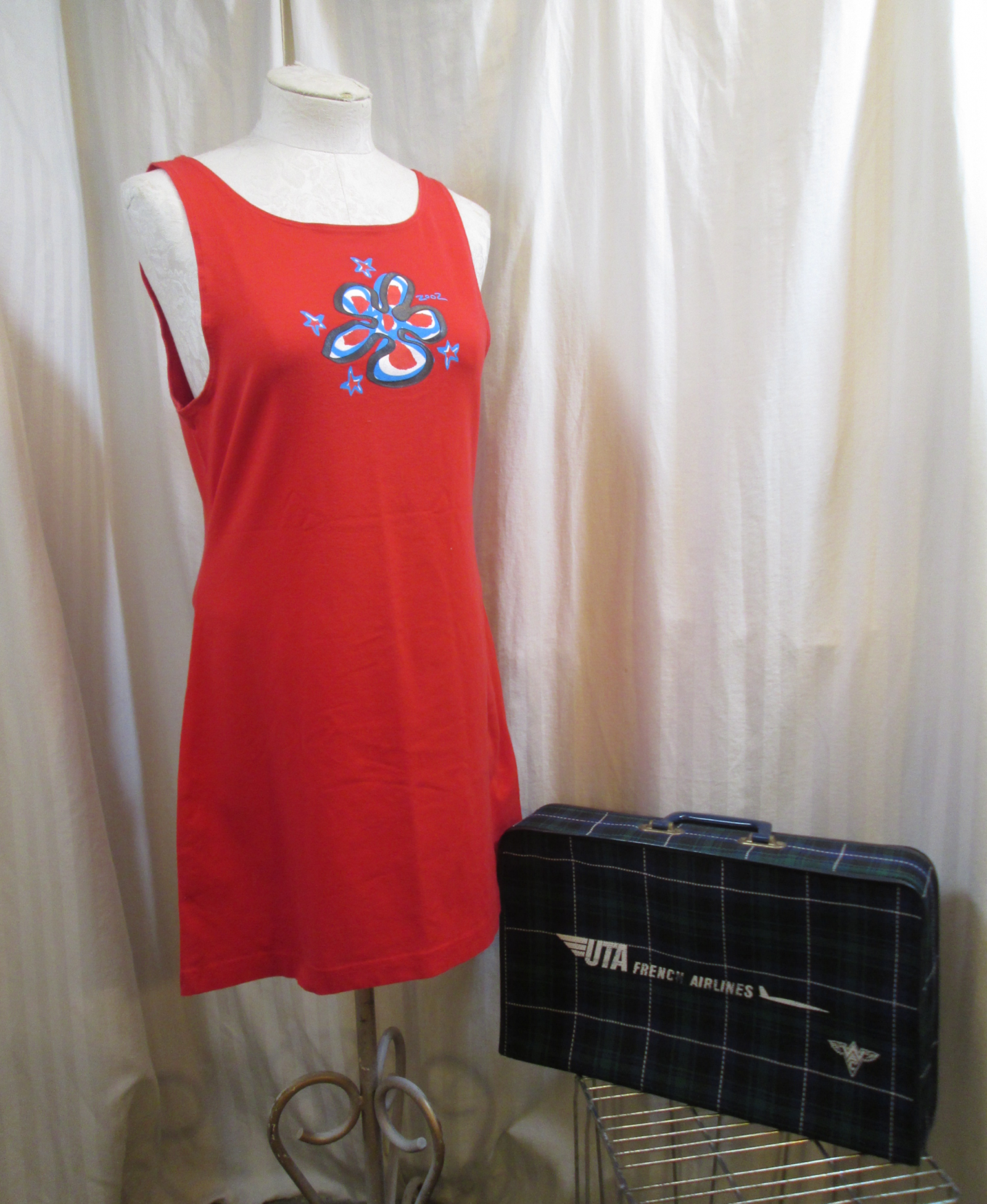Stephen Sprouse 2002 graffiti Blue Flower Red stretch Dress cotton spandex  vintage Target design colab S