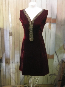 60s burgundy velvet dress with gold metallic trim